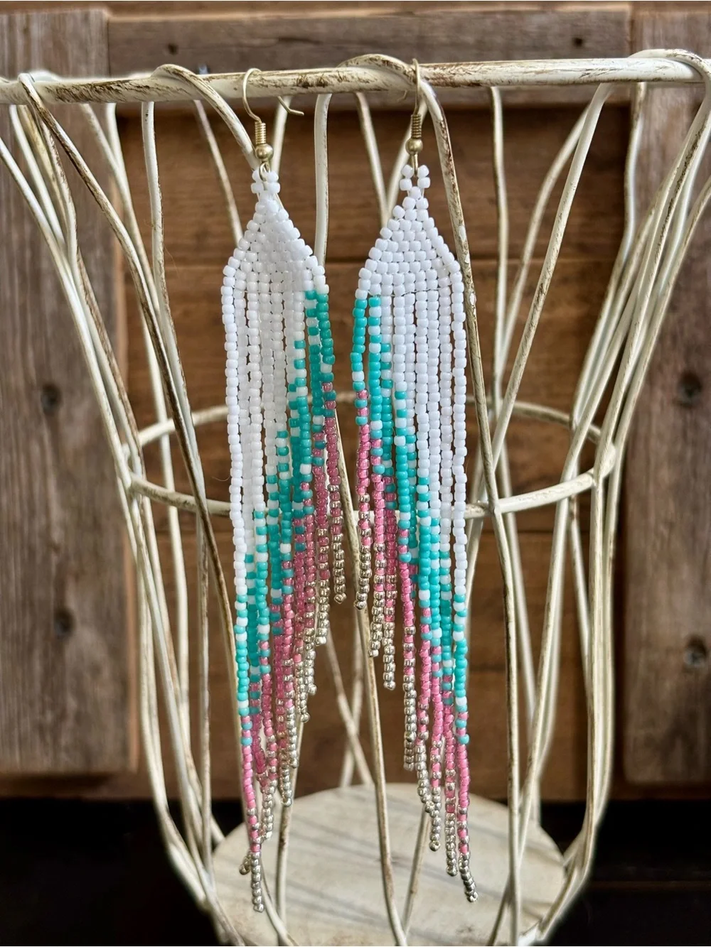 White Turquoise Pink Gold Long Fringe Beaded Earrings Cowgirl Boho Festival Wear